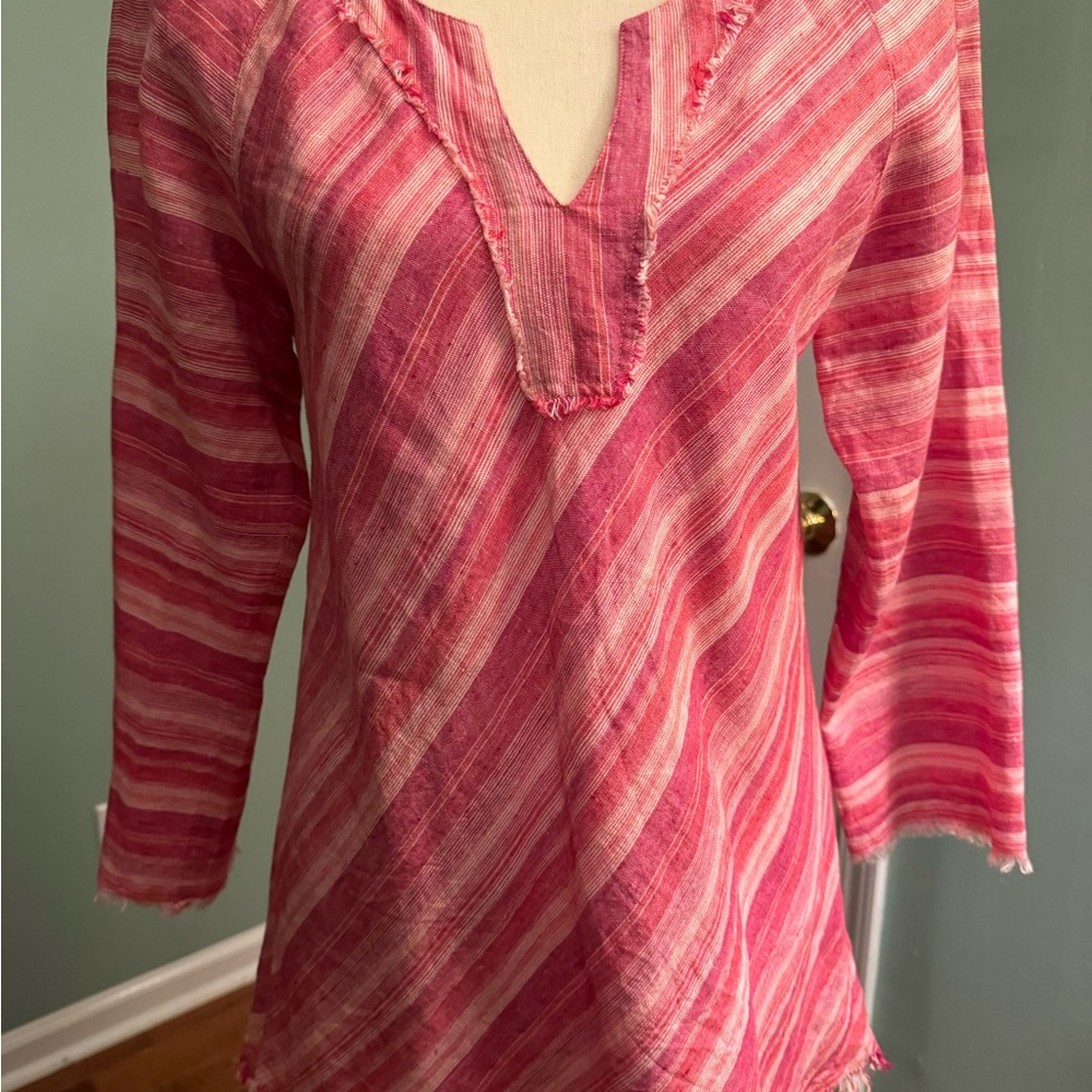 Nic & Zoe Linen Blend Tunic with Frayed Edges - Sz M